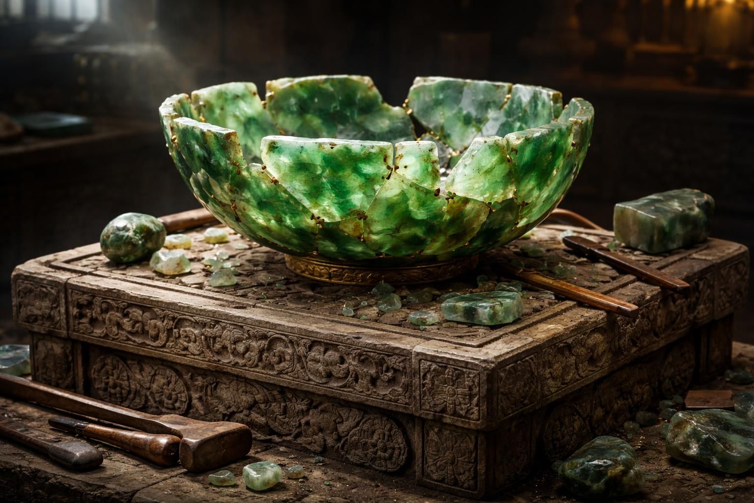 découvrez les secrets de l'autel du bassin de jade morcelé, son origine mystérieuse et les techniques traditionnelles utilisées pour sa fabrication minutieuse.