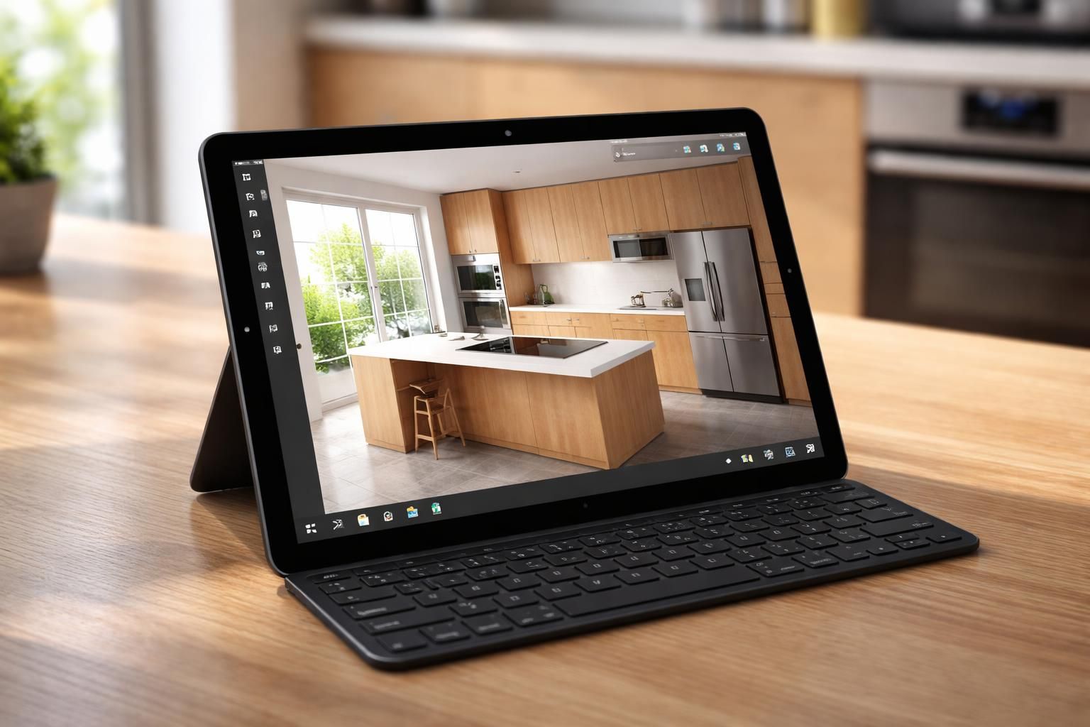 découvrez une implantation de cuisine réaliste, conçue et préparée sur tablette windows 10 pour une planification pratique et intuitive.
