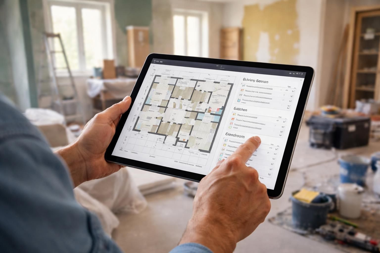 suivez facilement la rénovation de votre chantier pièce par pièce grâce à une tablette tactile microsoft, pour un contrôle précis et efficace.