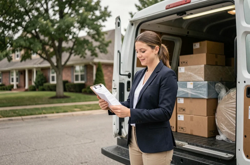 Agente logistique vérifiant un contrat d'assurance transport devant un camion de déménagement