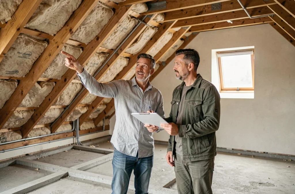 Architecte et propriétaires discutant des plans de surélévation à l'intérieur d'un comble en cours d'aménagement