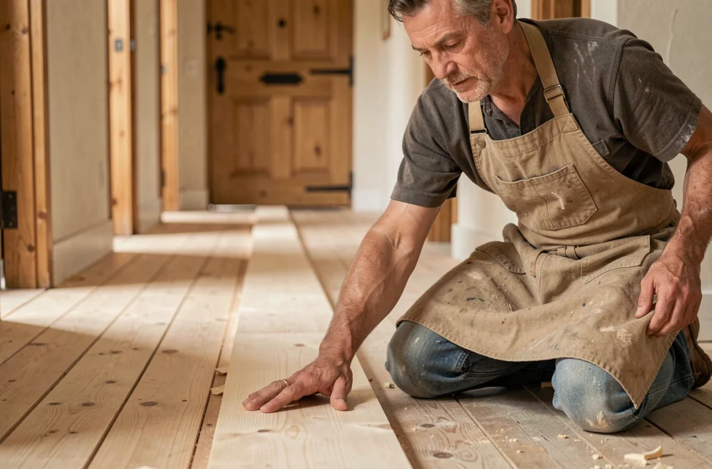 Artisan inspectant un parquet massif en pin poncé dans un couloir de maison ancienne en cours de rénovation