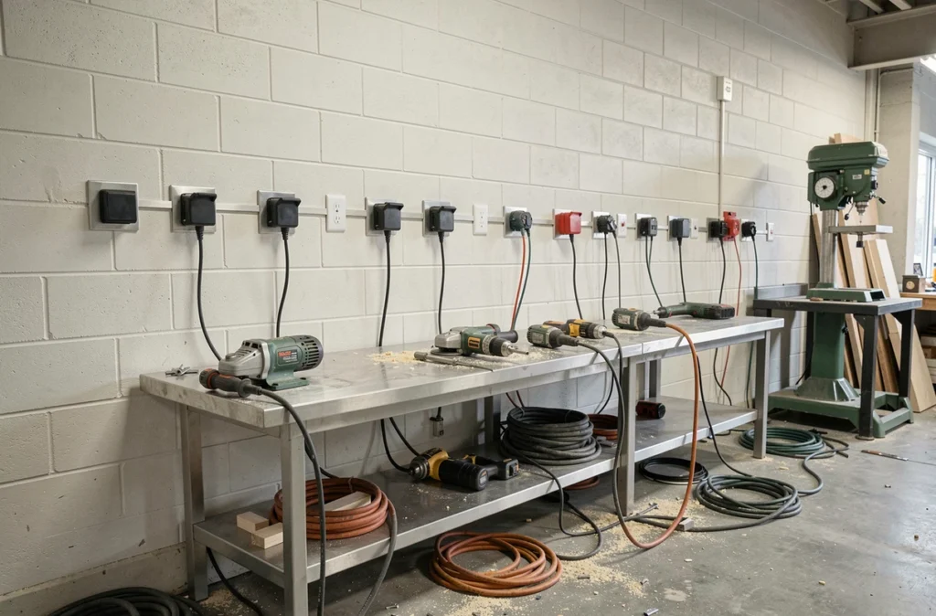 Vue générale d'un atelier DIY avec prises de courant robustes fixées sur mur en parpaing au-dessus d'un établi