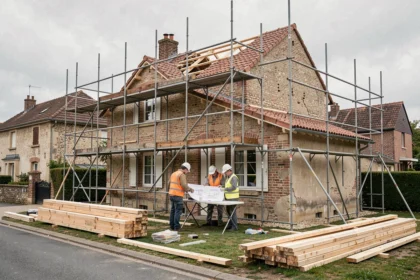 Chantier de surélévation d'une maison individuelle avec échafaudages et matériaux de construction visibles sur la façade