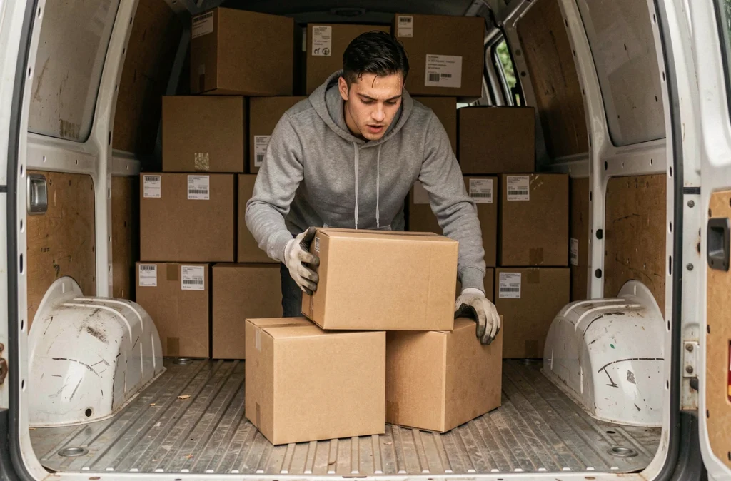 Un homme chargeant des cartons dans le compartiment d'un camion de déménagement loué