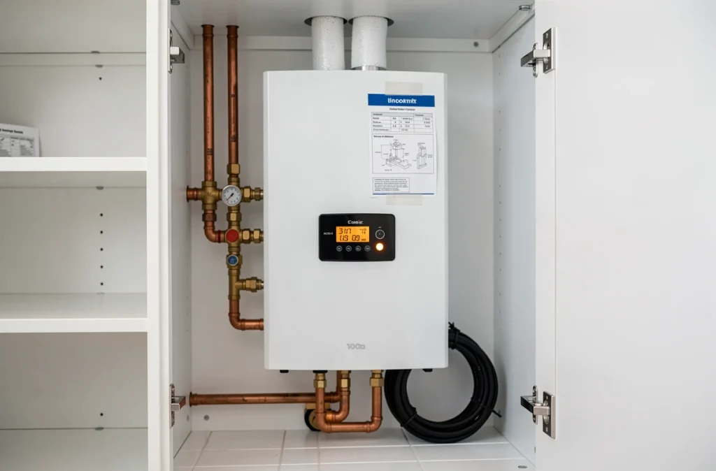 Chaudière électrique murale neuve installée dans un placard technique avec tuyauterie cuivre et thermostat numérique