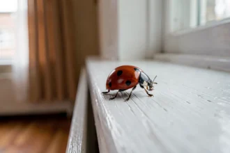 Coccinelle rouge posée sur le rebord d'une fenêtre intérieure en bois blanc, symbole de bonne chance dans la maison