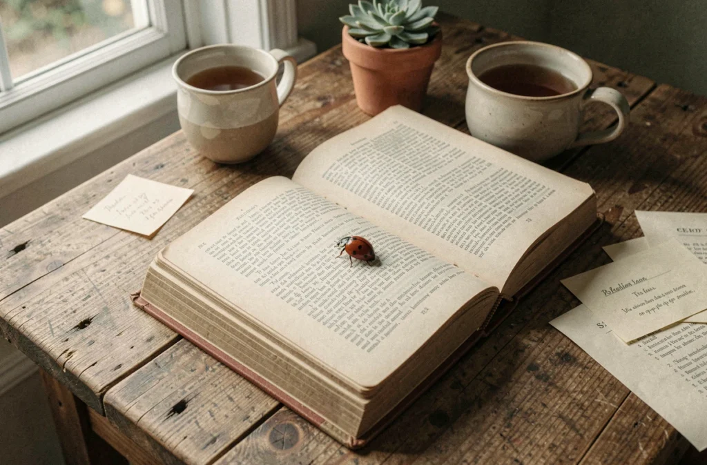Coccinelle rouge sur les pages d'un vieux livre ouvert sur une table en bois, symbolisme et présages associés à cet insecte dans la maison