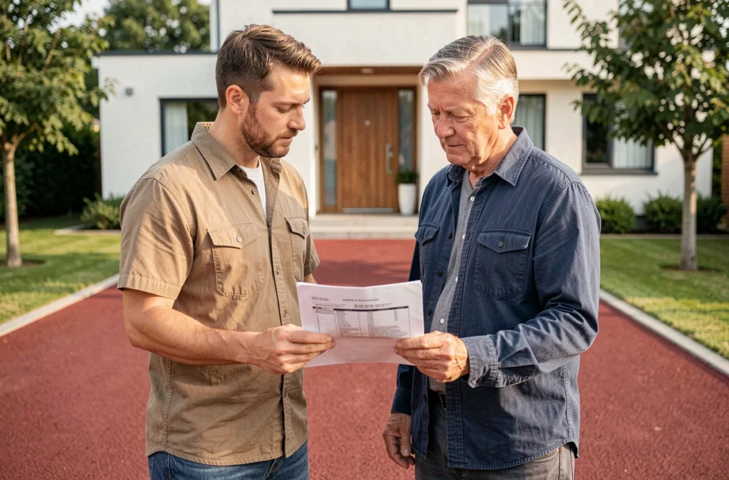 Un entrepreneur et un propriétaire comparant un devis pour la pose d'enrobé rouge devant une maison moderne