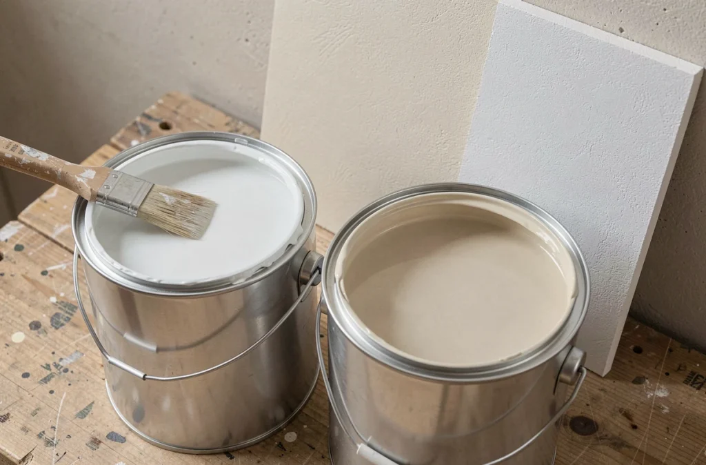Comparaison de peinture mate et satinée pour plafond avec deux bidons ouverts et échantillons sur plaque de plâtre