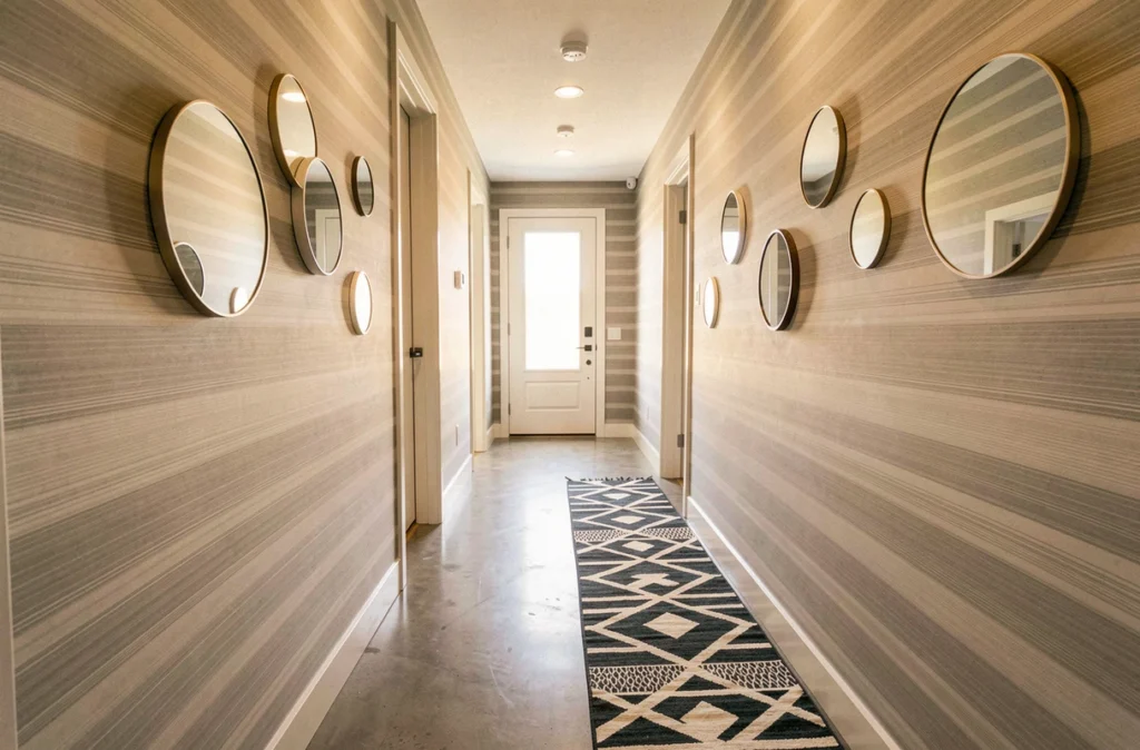 Couloir moderne décoré avec papier peint rayé, miroirs ronds en galerie et tapis géométrique pour agrandir un espace étroit
