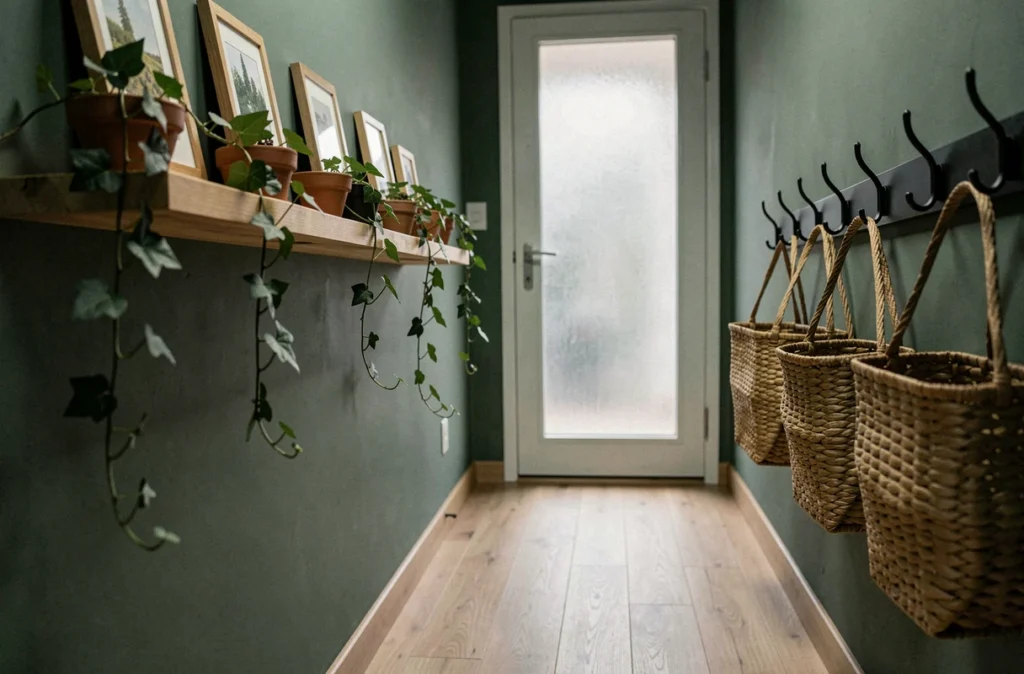 Couloir sombre peint en vert sauge avec étagère flottante, plantes et crochets muraux pour une décoration fonctionnelle et chaleureuse