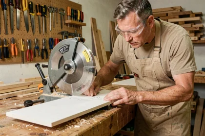 Artisan utilisant une boîte à onglet manuelle pour couper une plinthe en MDF à 45 degrés dans un atelier de bricolage
