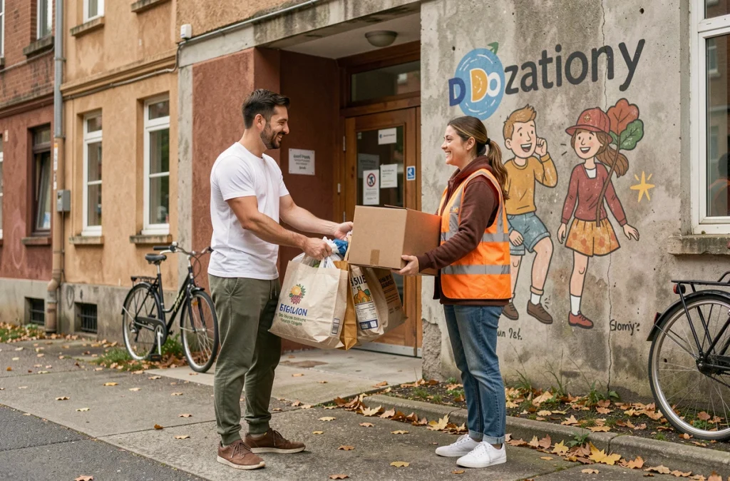 Couple déposant des sacs de dons à un centre de collecte avant leur déménagement