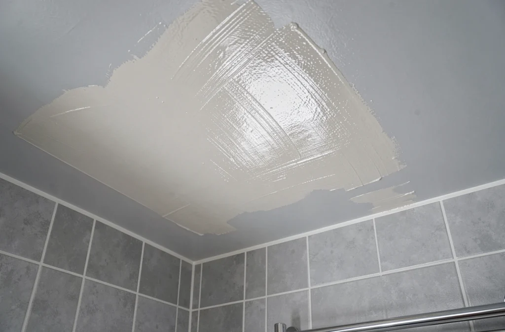 Plafond de salle de bain avec défauts de peinture satinée montrant des traces de rouleau et un brillant irrégulier