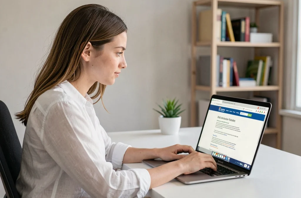 Jeune femme effectuant ses démarches de changement d'adresse en ligne sur ordinateur