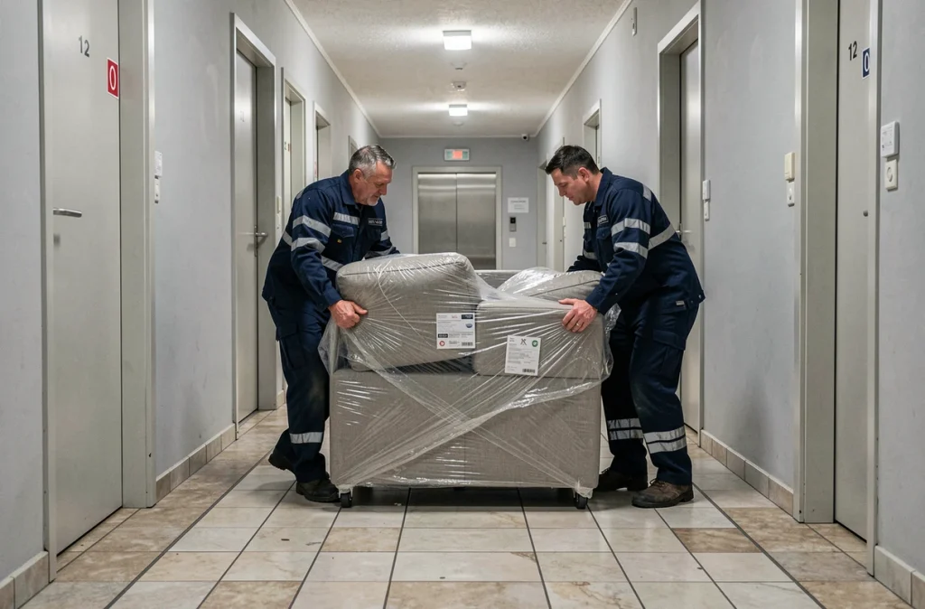 Déménageurs professionnels transportant un canapé dans le couloir d'un immeuble en copropriété