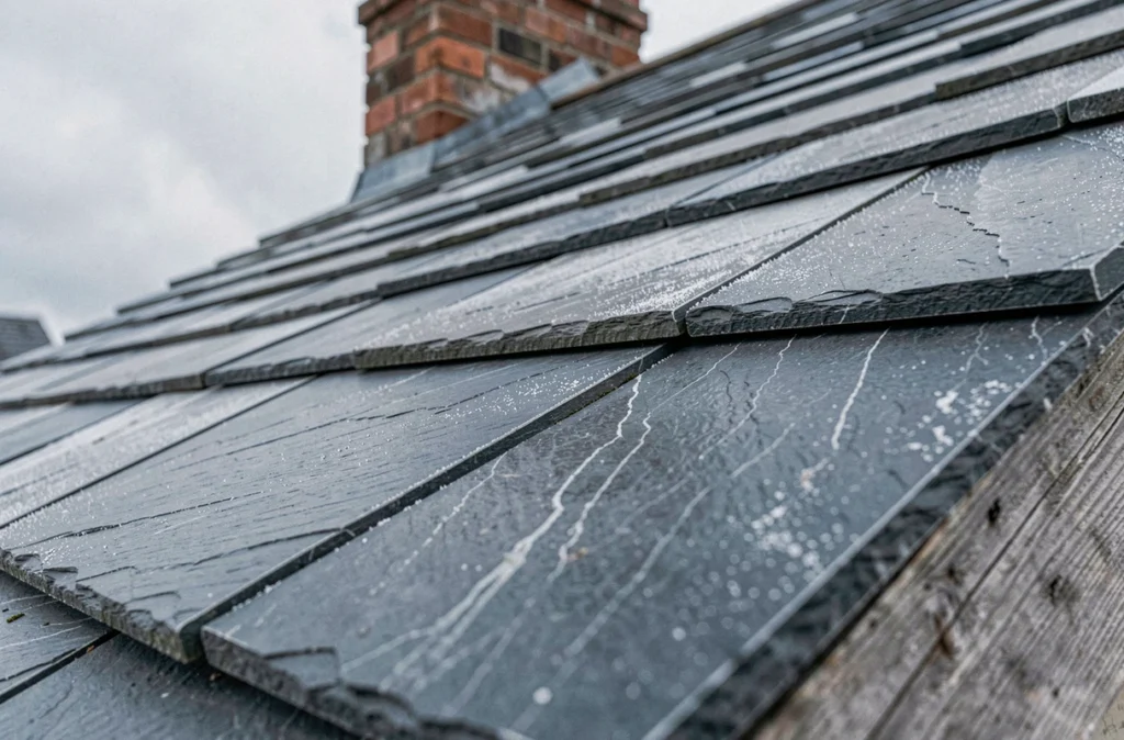 Détail des différents formats d'ardoises posées en recouvrement sur un toit normand avec traces de gel