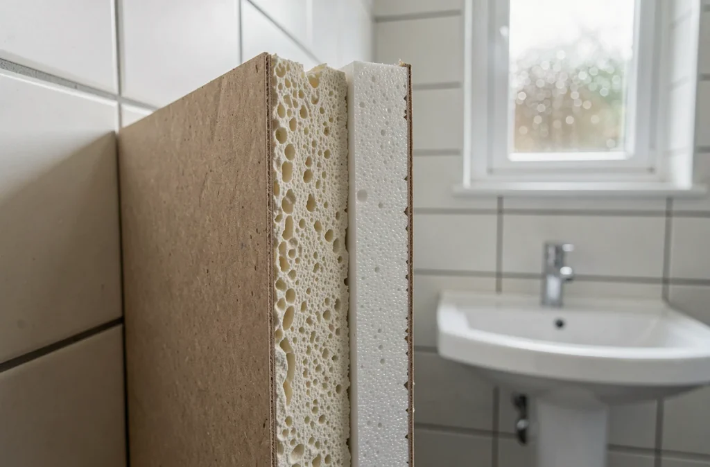 Gros plan sur la tranche d'une plaque de placo isolé hydrofuge pour salle de bain