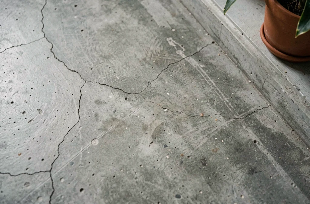 Gros plan sur la texture naturelle d'un sol béton brut avec imperfections, microfissures et nuances de gris