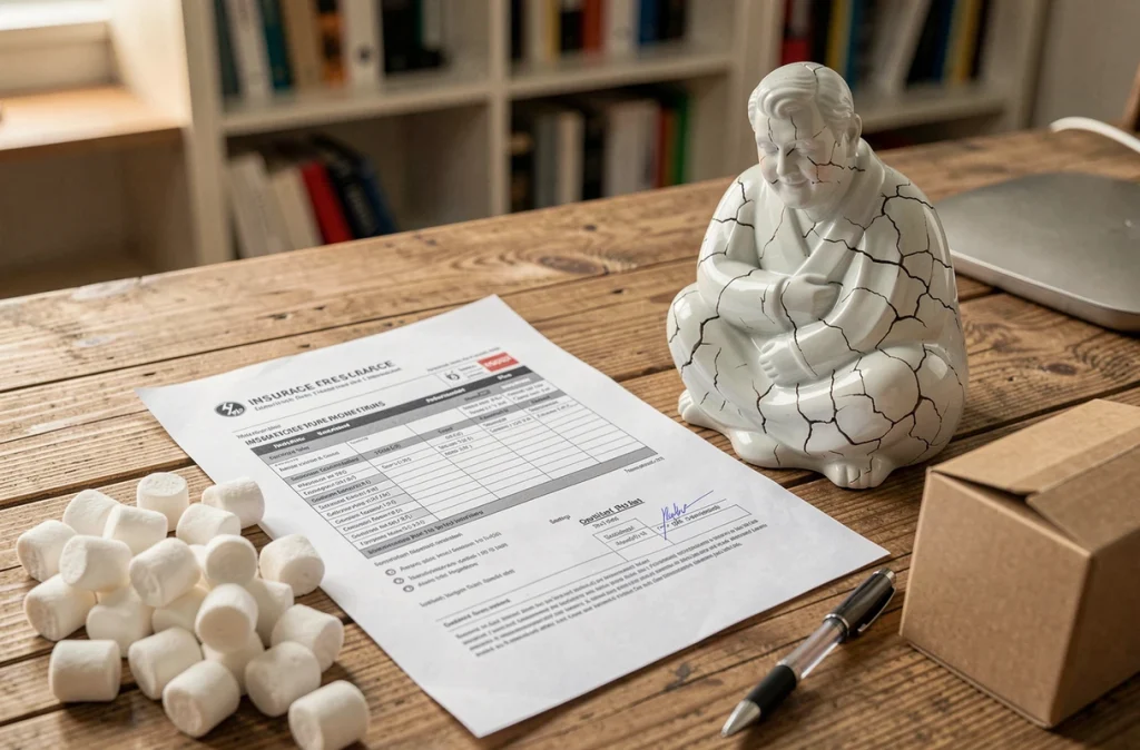 Document d'assurance ouvert à côté d'une figurine endommagée lors d'un transport illustrant les dégâts couverts