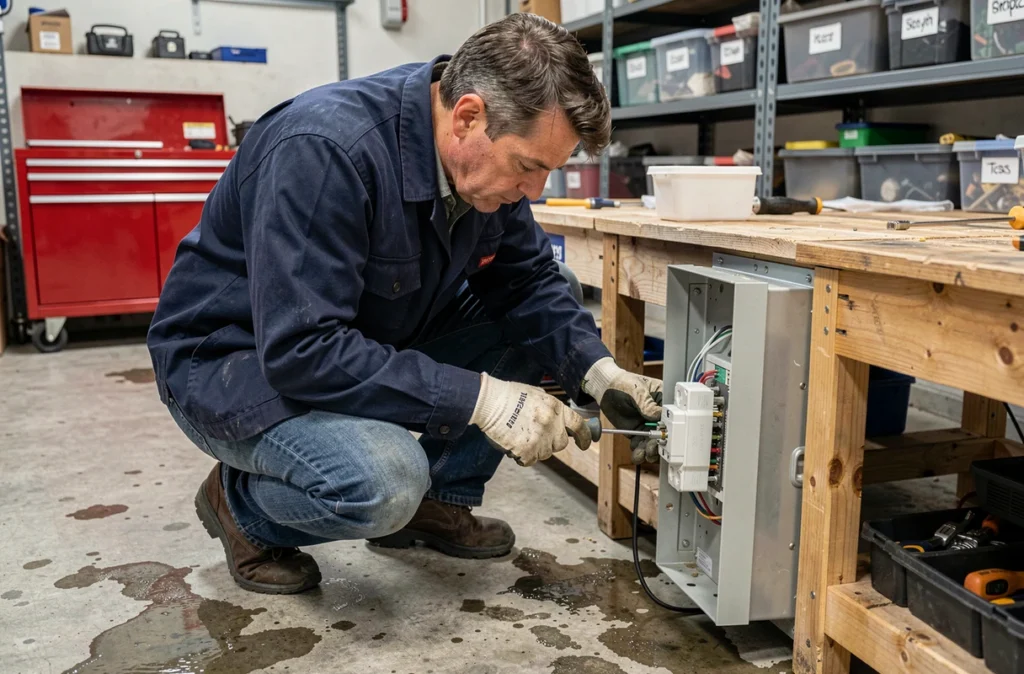 Électricien installant une prise de courant robuste dans un garage avec outillage professionnel