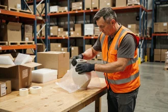 Employé d'entrepôt emballant des objets fragiles avec du papier bulle avant un transport assuré