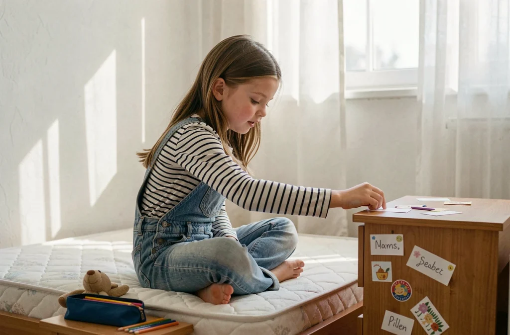 Petite fille qui personnalise sa nouvelle chambre avec des étiquettes et des stickers lors du déménagement