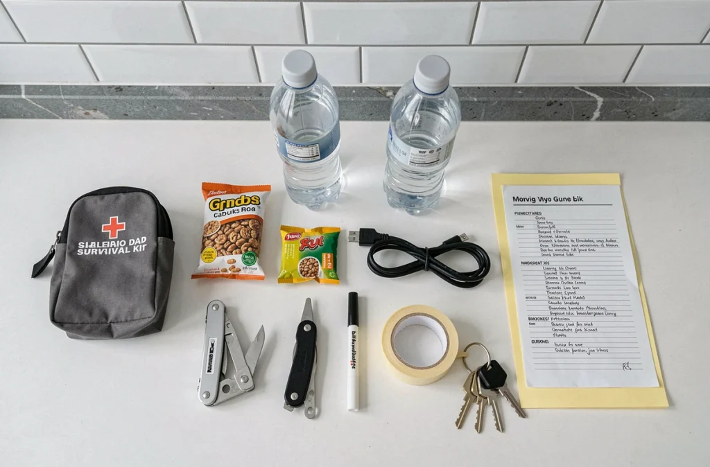 Vue aérienne des essentiels d'un kit de survie pour le jour du déménagement posés sur un comptoir de cuisine