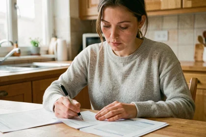 Femme consultant des documents administratifs lors d'un changement d'adresse à son domicile
