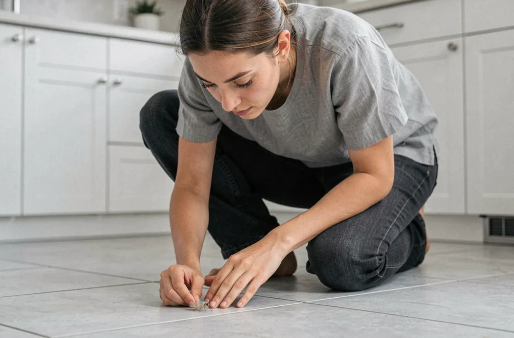 Femme inspectant un petit insecte transparent sur le carrelage de sa cuisine moderne