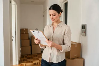 Femme organisant un déménagement en copropriété avec une liste de contrôle dans le couloir de son appartement