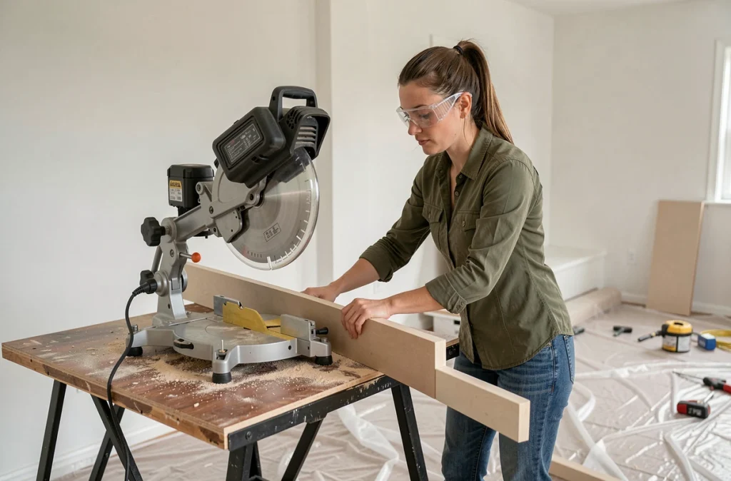 Femme bricolant avec une scie à onglet électrique pour couper une plinthe en MDF lors d'une rénovation intérieure