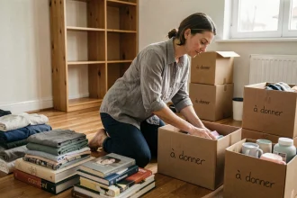 Femme triant ses affaires et remplissant des cartons 'à donner' avant un déménagement dans un appartement