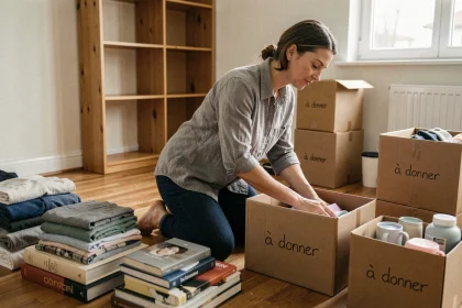 Femme triant ses affaires et remplissant des cartons 'à donner' avant un déménagement dans un appartement