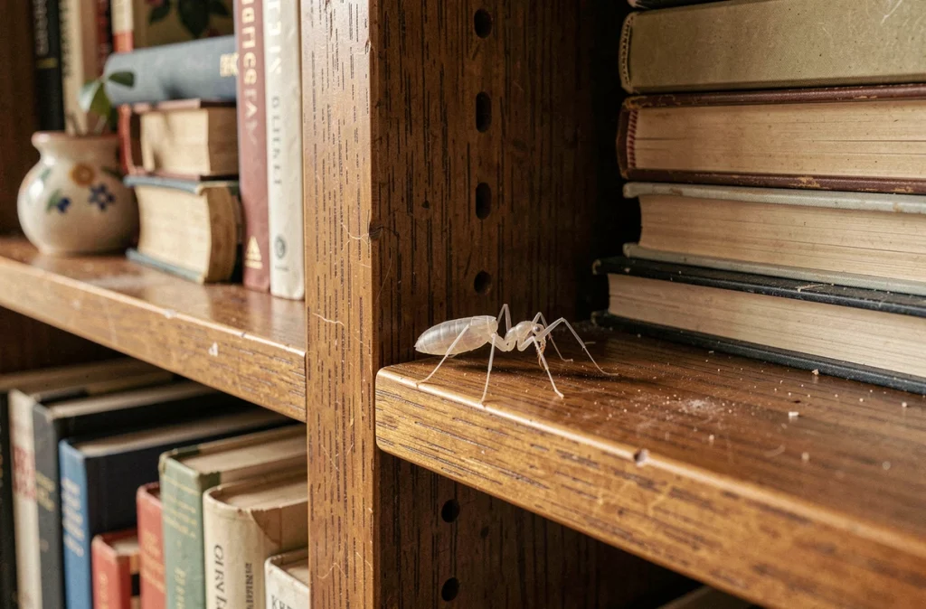Petit insecte transparent marchant sur l'étagère d'une bibliothèque dans un salon habité