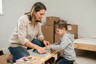 Mère et enfant qui organisent ensemble les affaires dans la nouvelle chambre lors d'un déménagement