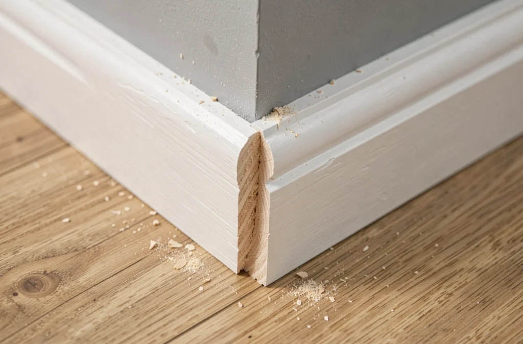 Joint d'onglet parfait à 45 degrés sur une plinthe blanche posée à l'angle d'un mur gris et d'un parquet chêne