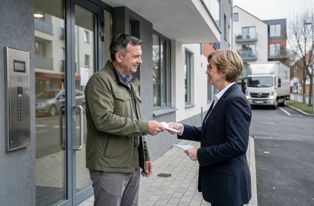 Locataire remettant un formulaire au gardien de l'immeuble avant un déménagement en copropriété