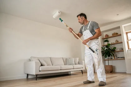Peintre professionnel appliquant une peinture mate blanche au plafond d'un salon moderne avec un rouleau à long manche