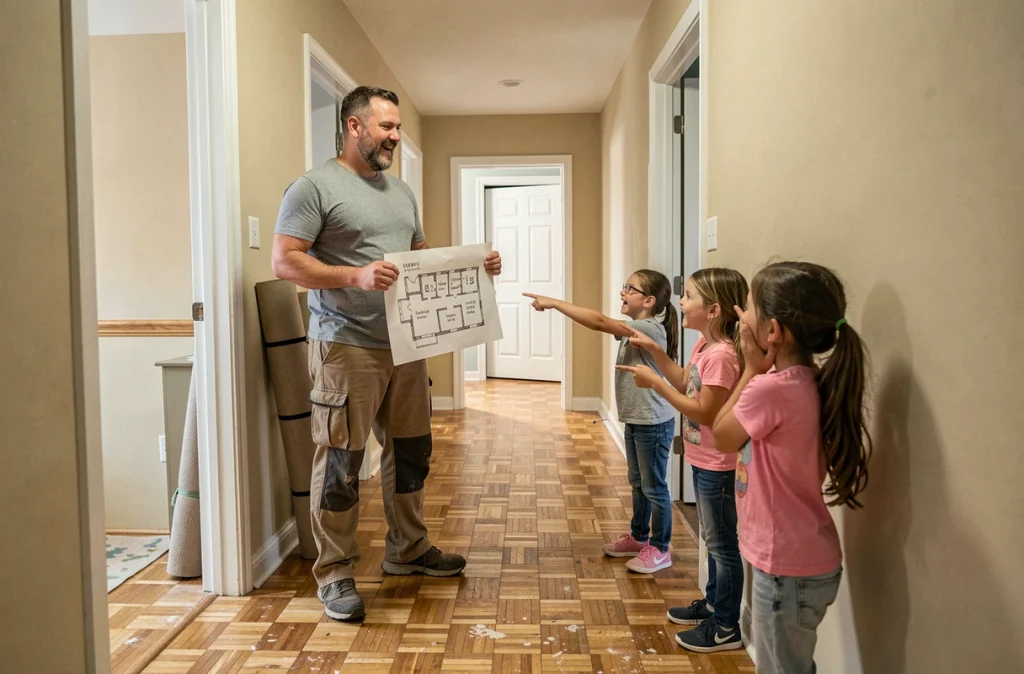 Père et ses deux filles explorant le plan du nouveau logement dans le couloir lors de l'installation