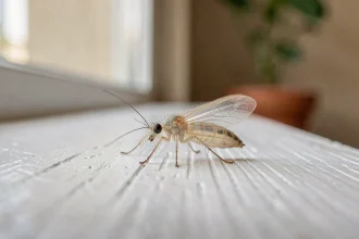 Gros plan macro d'un petit insecte transparent posé sur un rebord de fenêtre en bois blanc dans un appartement moderne