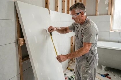 Artisan mesurant une plaque de placo hydrofuge dans une salle de bain en rénovation
