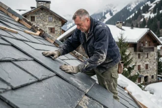 Couvreur posant des ardoises de grande taille sur un toit pentu en zone montagneuse enneigée