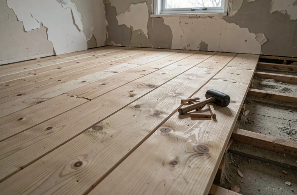 Pose de parquet massif en pin avec assemblage rainure-languette visible lors d'une rénovation de maison ancienne