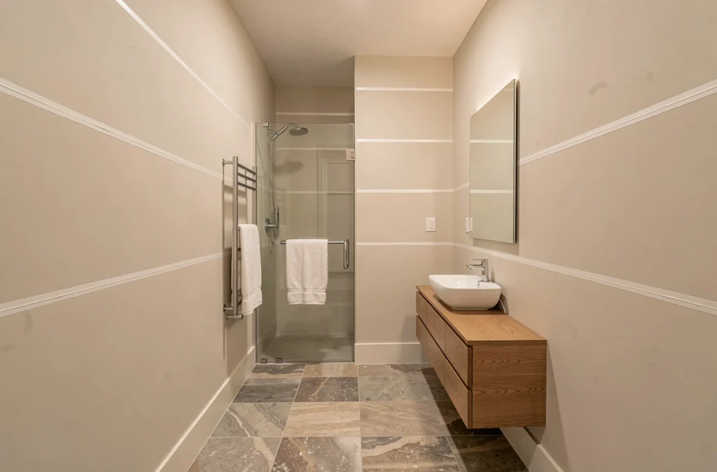 Salle de bain moderne terminée avec des murs en placo peint, douche à l'italienne et meuble vasque en bois
