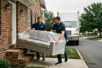 Deux déménageurs professionnels portant un canapé emballé vers un camion de déménagement devant une maison en brique