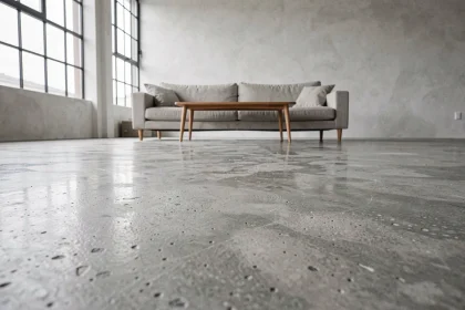 Sol en béton brut poli dans un salon minimaliste contemporain avec mobilier scandinave et fenêtres industrielles