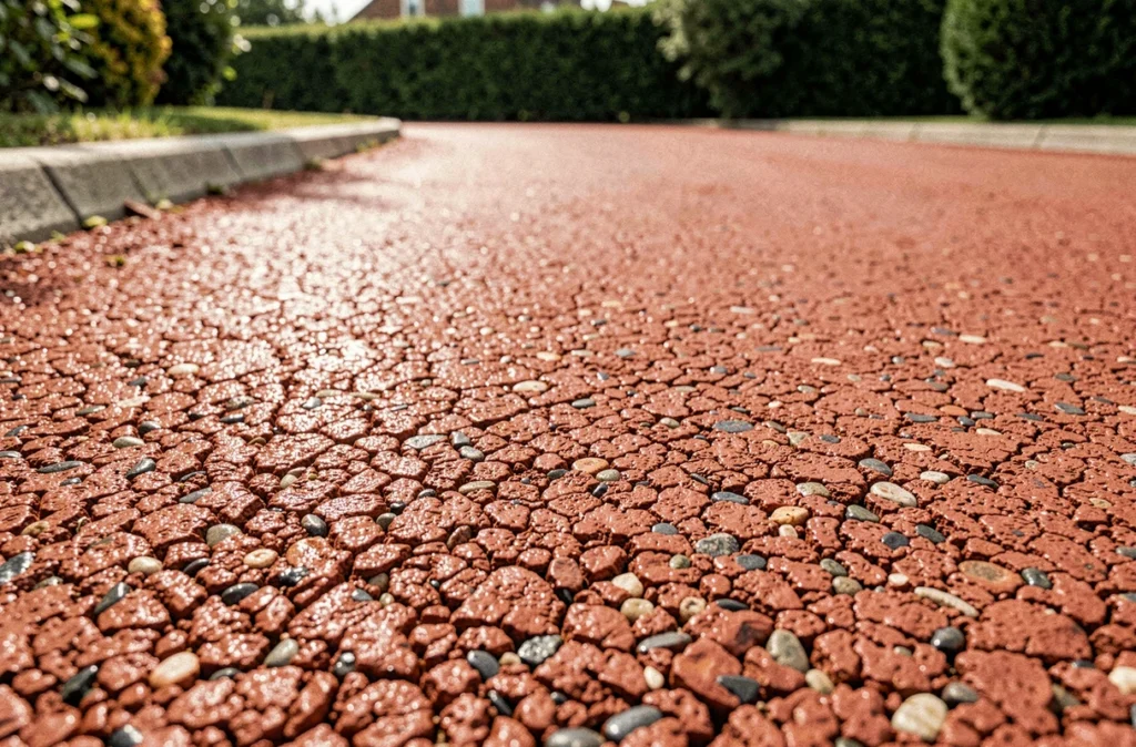 Gros plan sur la texture granuleuse d'un enrobé rouge fraîchement compacté sur une allée extérieure