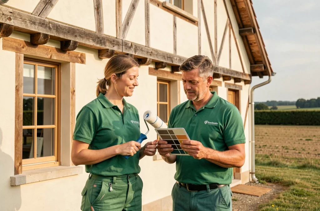 Équipe Ain Façades devant une ferme bressane rénovée avec panneau de couleur et rouleau de peinture en main